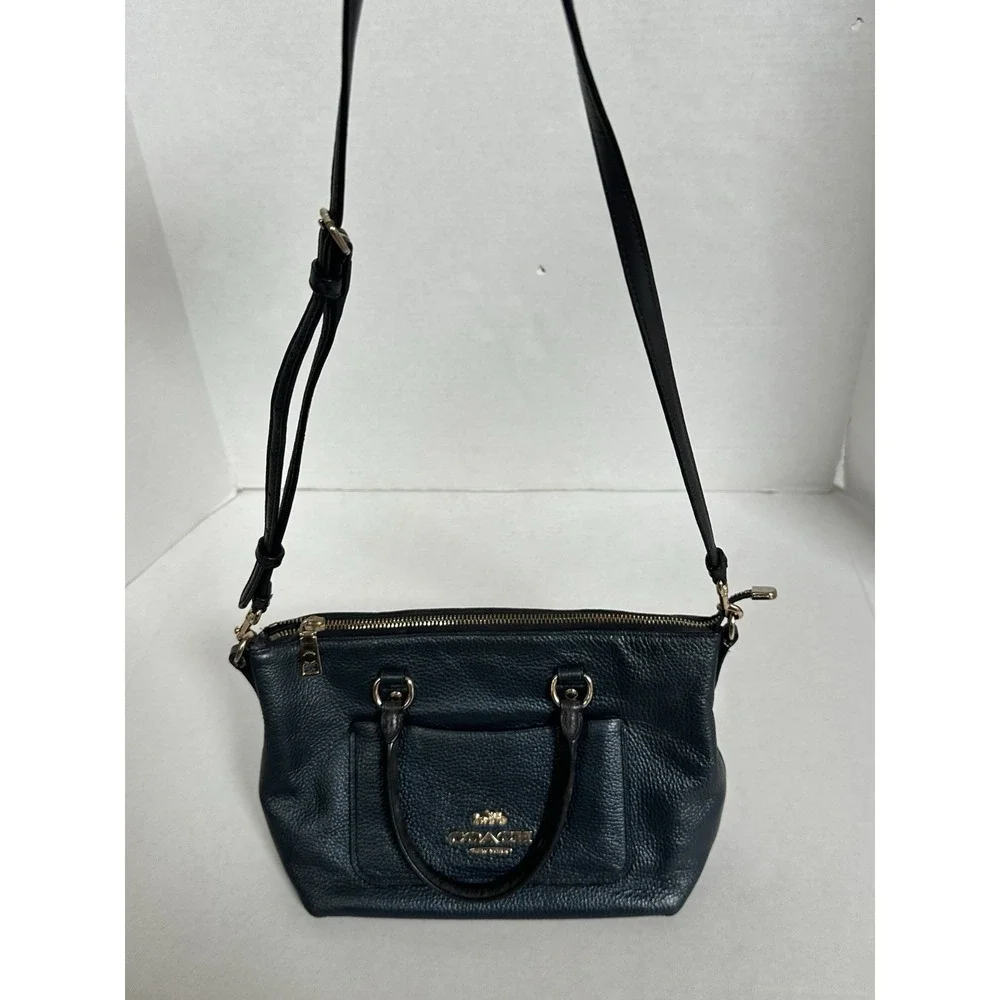 Coach Emma Satchel Pebbled Leather Gold Accents Navy Metallic